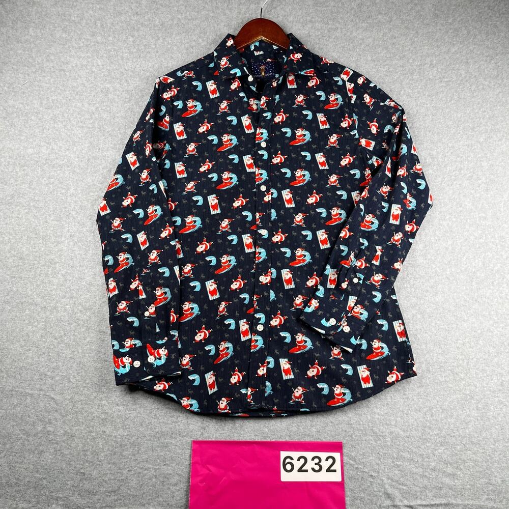 Simon Banks Christmas Print Shirt Santa Navy Button Up Long Sleeve Mens Small